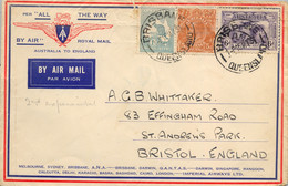 1931 AUSTRALIA , SOBRE CIRCULADO ,  YV. 10 , KANGOROO 1 SHILLING , YV. 30 GEORGE V , YV. 3 AER. , BRISBANE - BRISTOL - Cartas & Documentos