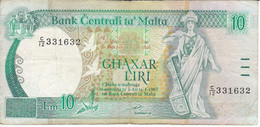 BILLETE DE MALTA DE 10 LIRAS DEL AÑO 1989  (BANKNOTE) - Malta