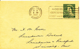 Canada Postal Stationery Postcard Winnipeg Manitoba 14-9-1960 - 1953-.... Reign Of Elizabeth II