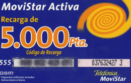 Spain, Espagne, Telefonica Movistar Activa, Recarga 5.000 Pta. - Sonstige & Ohne Zuordnung