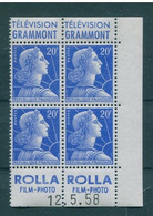 !!! 20 F MARIANNE DE MULLER BLOC DE 4 AVEC PUBS GRAMMONT - ROLLA ET COIN DATE NEUF ** - 1950-1959