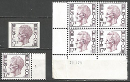 Belgique - Type Elström 17 Frs - N°1875 - Non Dentelé + N°planche 1 + Bloc De 4 Coin Daté - 1970-1980 Elström