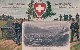 Armée Suisse, Canonniers Et Armoirie, Un Saluto Da Giubiasco, Litho Gaufrée (9515 A) - Giubiasco