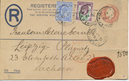 GB 1906 Edward VII Superb Postal Stationery Registered Envelope With 1 1/2d And 2 1/2d As Additional Franking To Leipzig - Lettres & Documents