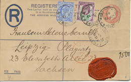 GB 1906 Edward VII Superb Postal Stationery Registered Envelope With 1 1/2d And 2 1/2d As Additional Franking To Leipzig - Brieven En Documenten