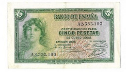 ESPAÑA: 5 PESETAS CERTI. PLATA (II REPUBLICA). AÑO 1935. SERIE A. MBC+. IDEAL. - 5 Pesetas