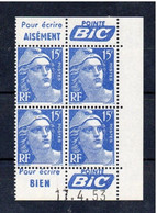 !!! 15 F MARIANNE DE GANDON BLOC DE 4 AVEC PUBS POINTE BIC ET COIN DATE NEUF ** - 1950-1959