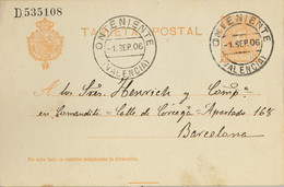 1906 , VALENCIA , E.P. 45 CIRCULADO , ONTENIENTE - BARCELONA - 1850-1931