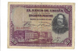 ESPAÑA: 50 PESETAS Pintor VELAZQUEZ. AÑO 1928. SERIE A. MAL. ENVIO GRATIS. - 50 Peseten