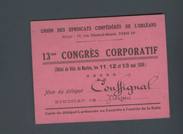 Carte De L'union Des Syndicats Confédérés De L'Orléans 1934 - Congrès Corporatif à Nantes - Tarjetas De Membresía