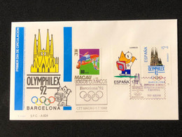 MACAU OLYMPHILEX 92 VCOMMEMORATIVE CANCELLATION ON OFFICIAL COVER USED - Covers & Documents