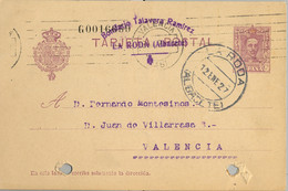 1927 , ALBACETE  , E.P. 57 CIRCULADO , LA RODA - VALENCIA , LLEGADA - 1850-1931