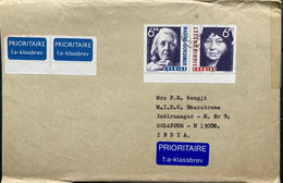 SWEDEN 1998, NADINE GORDIMER & SIGRID UNDSET ,NOBEL PRIZE WINNER SE-TENENT STAMP ,USED COVER TO INDIA - Brieven En Documenten