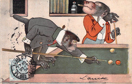 CPA Illustrateur Signé  - Singes Humanisés - Animaux Habillés - Jeux De Billard - Cigare - Kirchner, Raphael