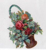 CHROMO * DECOUPI * PANIER OSIER * FLEURS * ROSES * MYOSOTIS * RUBAN - Flores