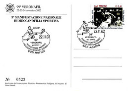 SAN MARINO - 2002 99^ Veronafil 3^ Manifestazione Naz. Meccanofilia Sportiva (calciatore) Su Cartolina Ufficiale -7873 - Cartas & Documentos