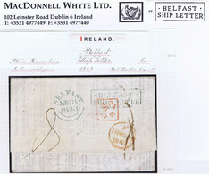 Ireland Maritime Belfast 1843 Printed Insurance Letter Quebec To London With Framed BELFAST/SHIP LETTER In Green - Prephilately