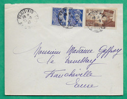 N°407 X2 + 454 MIXTE MERCURE MARECHAL JOFFRE OEUVRES DE GUERRE LETTRE PARIS POUR FRANCHEVILLE EURE 1942 COVER FRANCE - 1938-42 Mercure