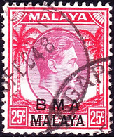 MALAYA BMA 1948 KGVI 25c Dull Purple & Scarlet, Chalk Surfaced SG13 FU - Malaya (British Military Administration)