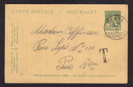 DDCC 066 - Zone NON OCCUPEE - Entier Postal Pellens PANNE 1915 à PARIS, Taxée Griffe T -Taxation Non Appliquée En France - Not Occupied Zone