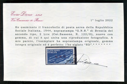 RSI 1944 POSTA AEREA G.N.R.  BRESCIA 2 L. SASSONE N. 122/II ** MNH  CERT. DIENA - Poste Aérienne