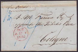 Tax. Brief, 1852 Nach Cöln, Roter K2 "aus England über Aachen" - ...-1840 Precursores