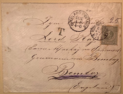 RARE „OVERLAND POSTAGE DUE“ 1887 Cover Netherlands UTRECHT STATION Via Brindisi> Lord Reay, Bombay INDIA - Lettres & Documents