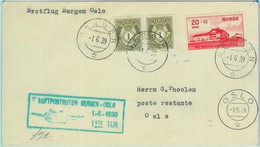 89733 - NORWAY - Postal History - FIRST FLIGHT: Bergen / Oslo   # 69  1939 - Andere & Zonder Classificatie