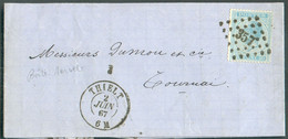 N°18 - 20 Centimes Bleu Obl. LP.357 Sur Lettre De THIELT Le 2 Juin 1867 + Trace De La Manette Du Cachet En DC I  Vers To - 1865-1866 Perfil Izquierdo