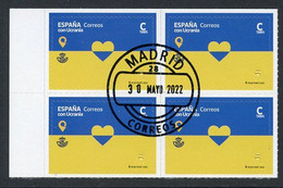 ESPAÑA (2022) ESPAÑA CON UCRANIA, Spain With Ukraine, Correos & Ukrposhta, Heart - Block Four, First Day Postmark (3) - Used Stamps