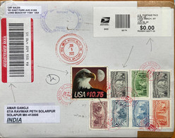 USA 2022, HIGH VALUE,1 TO 10 $ BIRD EAGLE ,COLUMBUS,26 $ F.VALUE STAMPS USED, REGISTER COVER TO INDIA, CUSTOM  HANDSTA - Storia Postale