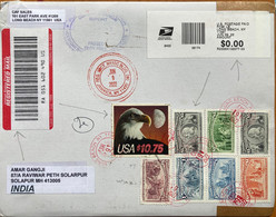 USA 2022, HIGH VALUE,1 TO 10 $ BIRD EAGLE ,COLUMBUS,26 $ F.VALUE STAMPS USED, REGISTER COVER TO INDIA, CUSTOM  HANDSTA - Covers & Documents