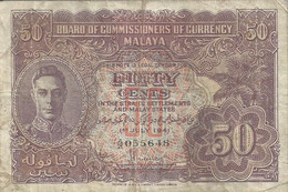 MALAYSIA MALAYA BRITISH 50 CENTS PURPLE KGVI FRONT MOTIF BACK DATED 01-07-1941 F+ P10b READ DESCRIPTION!! - Maleisië