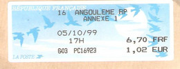 TIMBRE FRANCE VIGNETTE AFFRANCHISSEMENT  OISEAUX DE JUBERT ANGOULEME 1999  6.70 FRF 1.02€ - 1990 « Oiseaux De Jubert »