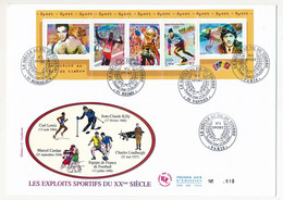 France - FDC - Siècle Fil Du Timbre - Les Exploits Sportifs Du XX° Siècle - Reims, Paris, Vannes ... 15/04/2000 - Lettres & Documents