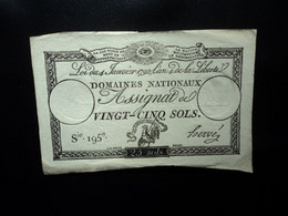 FRANCE : DOMAINES NATIONAUX  1er émission : ASSIGNAT DE VINGT CINQ SOLS  LOI 4.1.1792 *  P A55   SUP - Assignats