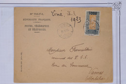 AZ11 AOF TOGO   BELLE LETTRE  1923  PETIT BUREAU  LOMé A VANNES    FRANCE++SURCHARGE + + AFFRANCH. INTERESSANT - Covers & Documents