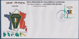 90 Ans, Union Nationale Des Sous Officiers En Retraite UNSOR Enveloppe TVP LV Adhésif 1er Jour 20.09.2020 - Storia Postale