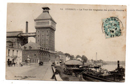 CORBEIL - 1905 -- La Tour Des Magasins Des Grands Moulins (petite Animation , Péniches )...............à  Saisir - Corbeil Essonnes