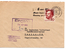 60346 - DDR - 1960 - 20Pfg Lenin EF A Bf DRESDEN - 6 AUS 49 HEUTE TIPPEN SONNTAG GEWINNEN -> Berlin - Storia Postale