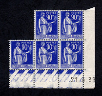 Bloc De 5 Timbres Neufs  - N° 368 Type Paix 90 C / Coin Daté21.3.39 - 1930-1939