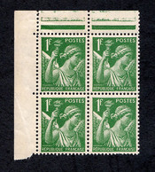 Type Iris 1f Vert Bloc De 4 N°432 Neuf - 1939-44 Iris