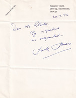 Jack Jones Transport & Workers Union Hand Signed 1976 Autograph - Autographs