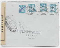 IRIS 1FR TURQUOISEX4 LETTRE LYON 19.III.1945 POUR SUISSE CENSURE OUVERT LYY AU TARIF - 1939-44 Iris