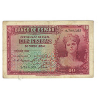 Billet, Espagne, 10 Pesetas, 1935, KM:86a, TB - 1873-1874 : Eerste Republiek