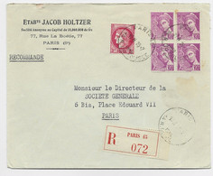 FRANCE MERCURE 20C BLOC DE 4+ CERES 2FR  LETTRE REC PARIS 1939 AU TARIF - 1938-42 Mercure