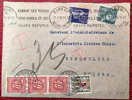 NIEDERLENZ AARGAU 1939 Schweiz Nachportomarken 1937+1938 Brief France Paix+Mercure Elbeuf(Portomarke Lettre Taxé Textile - Taxe