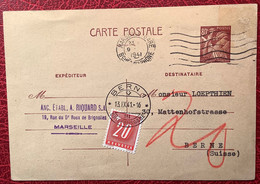 TAXATION RARE !  BERN 1941Schweiz Nachportomarke France Entier Postal IRIS Marseille Gare(Portomarke Lettre Brief Taxé) - Postage Due