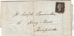 UK GB GREAT BRITAIN 1840 SG1 One Penny Black On Cover Hemel Hempstead To Cheapside, London  (BD) Used As Per Scan - Lettres & Documents