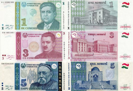 TAJIKISTAN 1 3 5 Somoni 1999 - 2013 UNC 3 Banknotes - Tadjikistan